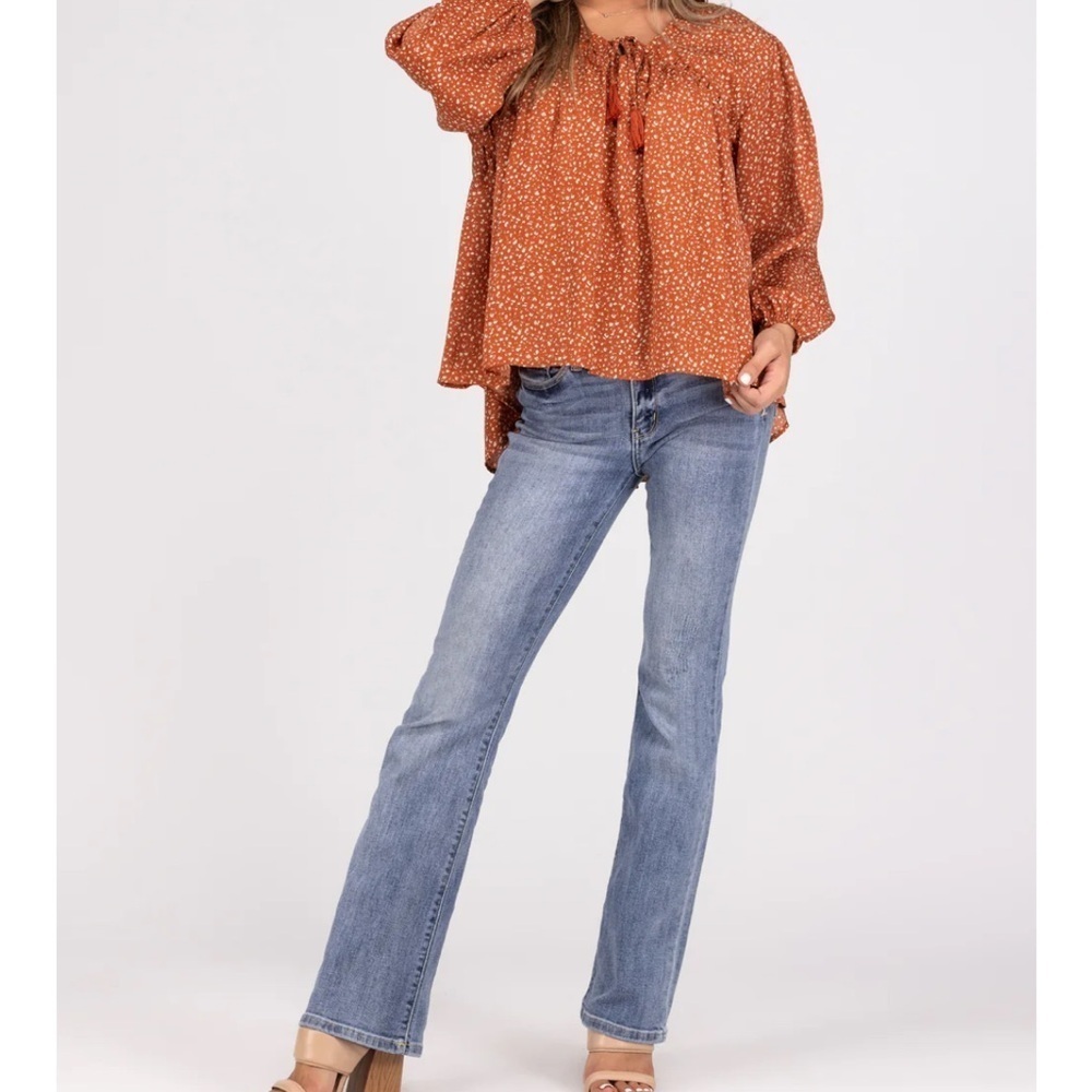 Hayden Orange Bishop Sleeve Blouse with Tie Front - Picture 3 of 14